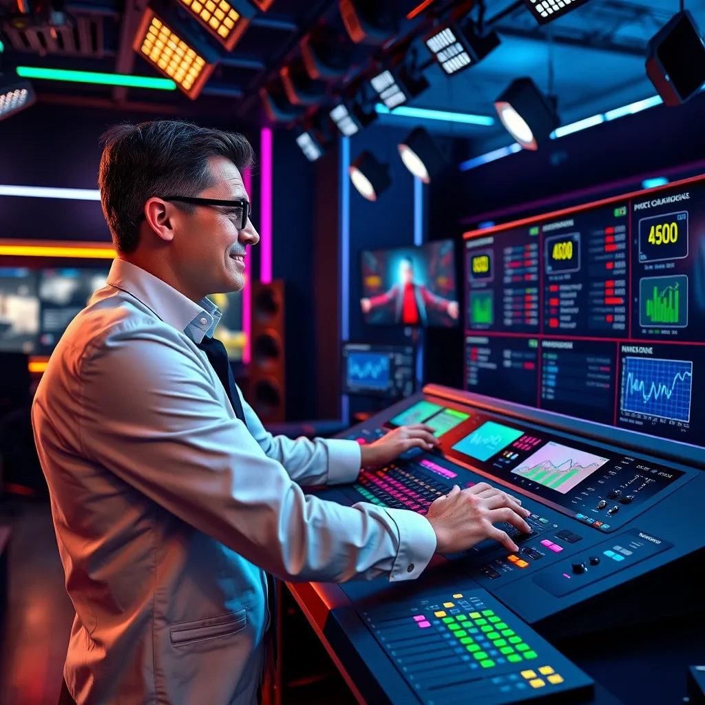 An image of a confident presenter in a stylish studio environment, adjusting settings on a digital control panel with multiple screens displaying streaming analytics and schedules. The room should be well-lit with colorful LED lights, indicating a professional broadcasting space.