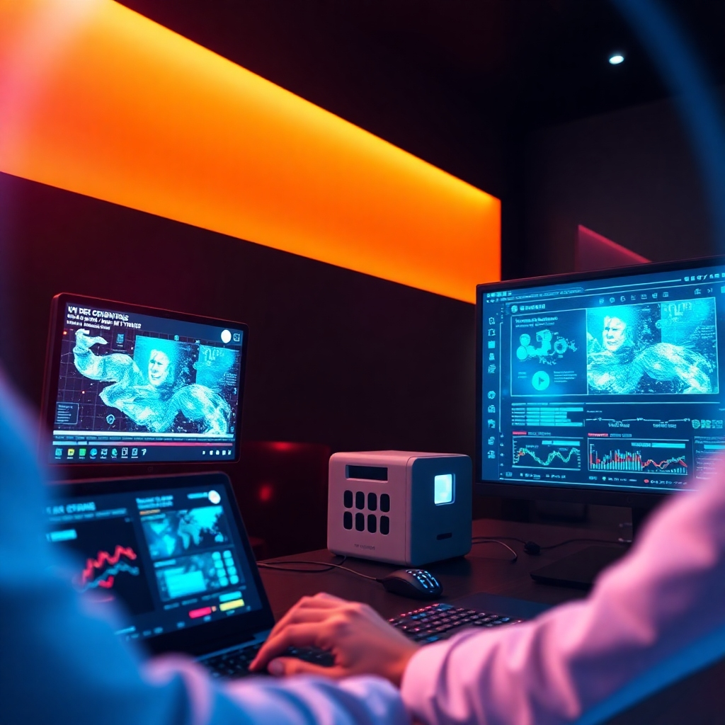 An image showcasing a futuristic AI software interface actively generating video content from input prompts. The scene is highlighted by glowing screens with vibrant animations and data flowing, enveloped in a tech-savvy ambiance. Soft, focused lighting brings attention to the interface, while the background maintains a sleek, modern aesthetic, aiming to capture viewer curiosity in high-quality visuals.