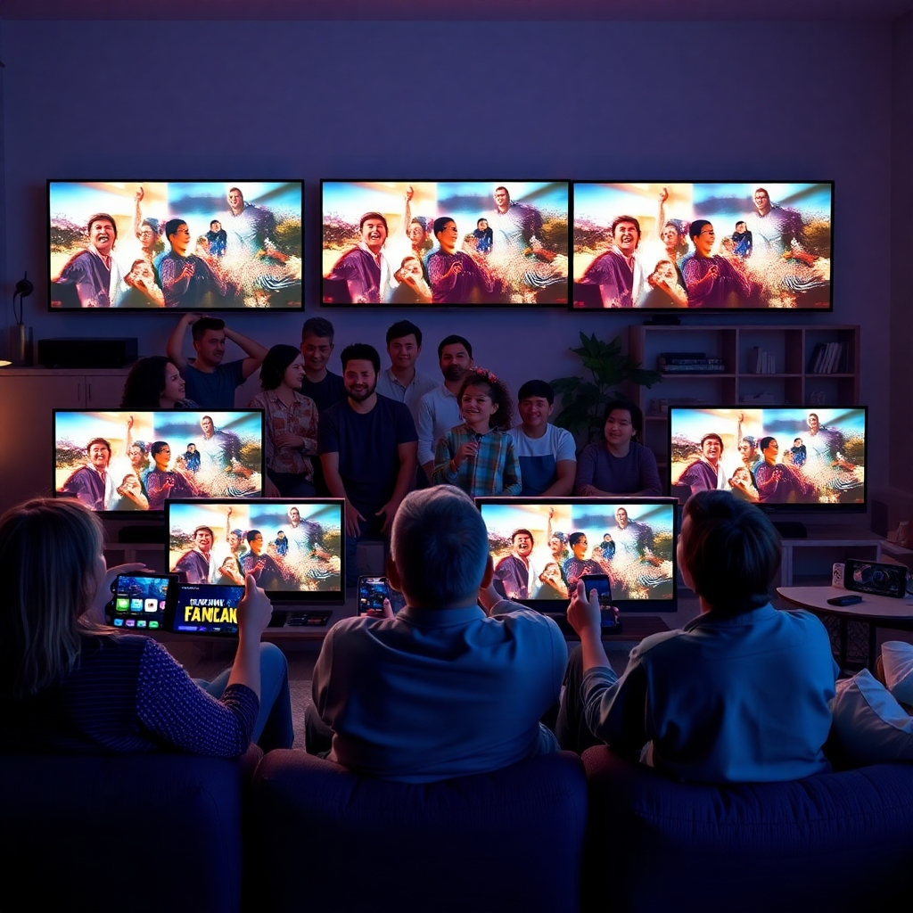 An imaginative collage of diverse viewers watching content on multiple screens (Roku and Amazon Fire TVs) in their living rooms, showcasing excitement and engagement. Add elements like popcorn and cozy settings to enhance the viewing experience.