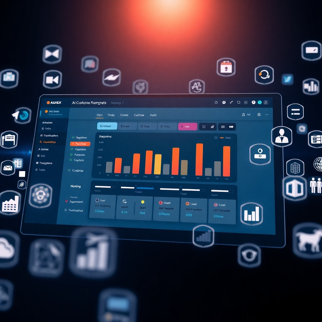 An imaginative depiction of a customizable dashboard interface with sliders and toggles, surrounded by icons representing various business sectors, illustrating scalability, flexibility, and customization in the development of AI SaaS solutions.