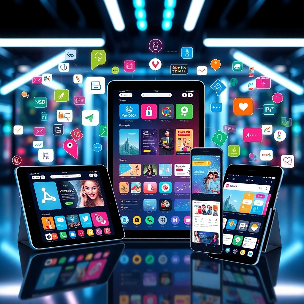 An imaginative representation of a customizable app interface displayed on various devices, like tablets and smartphones, showcasing different themes and functionalities. Surrounding the devices, colorful icons and graphics illustrate various niches (e-commerce, education, health) to depict the versatility of the GPT Apps Engine, set against a sleek, tech-driven background.