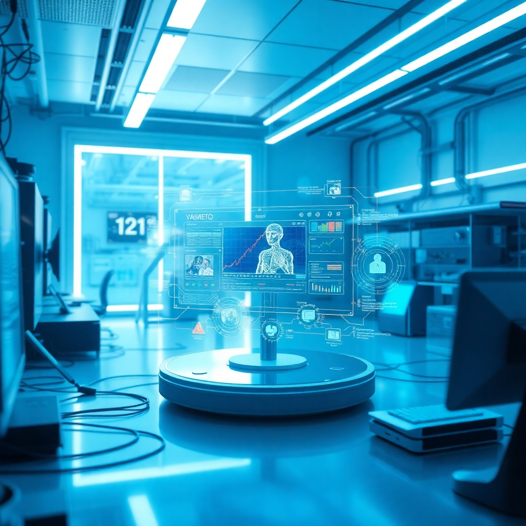 An imaginative scene illustrating futuristic AI technology in video production. Envision a creative lab environment filled with holographic displays of video editing techniques and predictive analytics. Cool blue and silver tones dominate the image, creating a high-tech feel, while soft lighting adds an element of sophistication. The focus should be on innovative devices and applications that enhance the creative process, aiming for a high-quality 4K output.