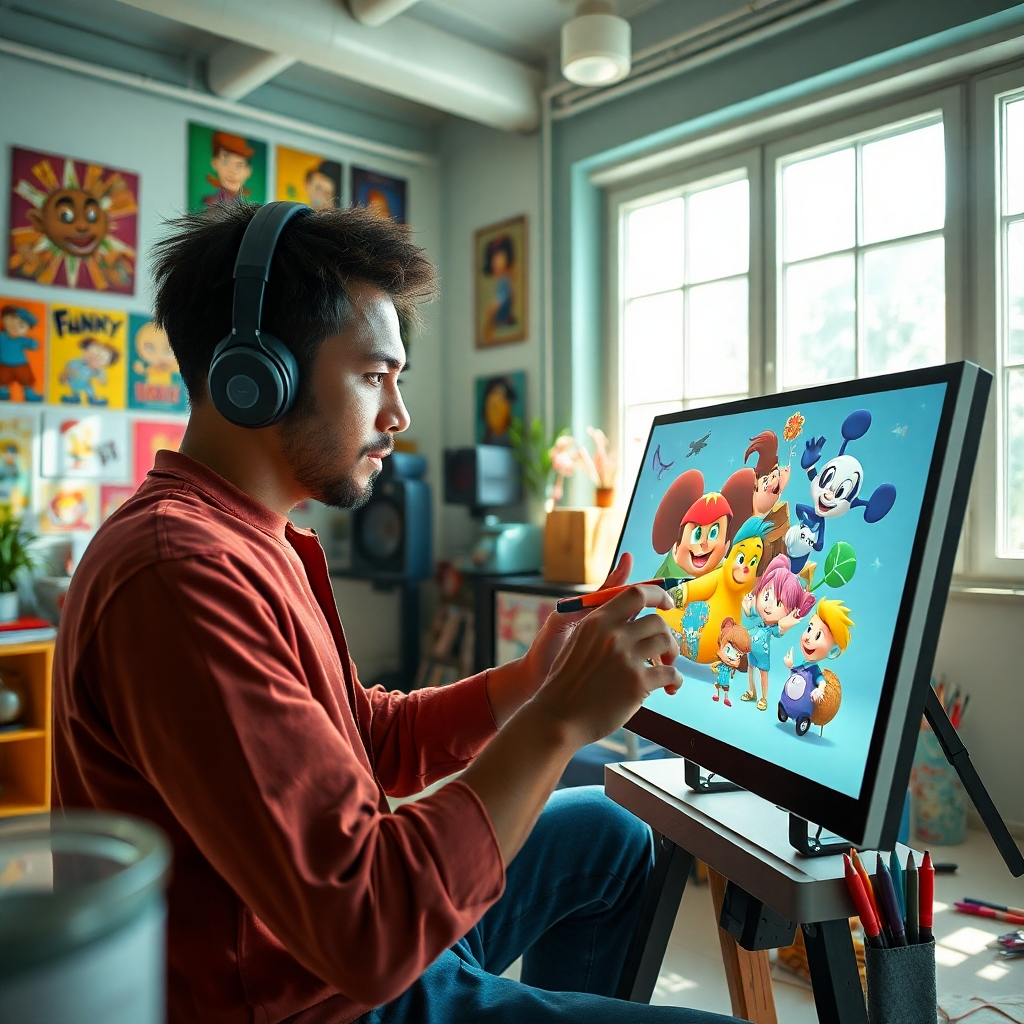 An imaginative scene showcasing an artist creating captivating animations on a digital canvas using RocketVideosAI's software. The bright studio is filled with posters of famous animated characters and the artist is deeply focused, surrounded by vibrant tools of creation. Natural light filters through the windows, highlighting the intricate details of the artwork blending with technology. The shot, taken from an angle that captures both the artist and their digital screen, embodies creativity.