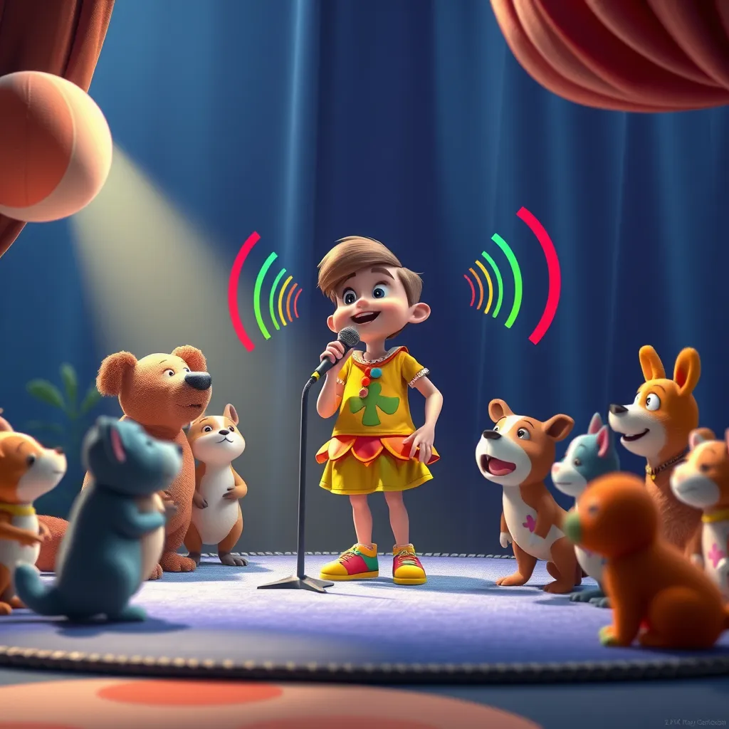 An imaginative setting where a cartoon character is standing on a stage with a microphone, surrounded by attentive animals and children. The character has a vibrant outfit and is animatedly speaking, with colorful sound waves emanating from the microphone, reflecting the lively atmosphere.