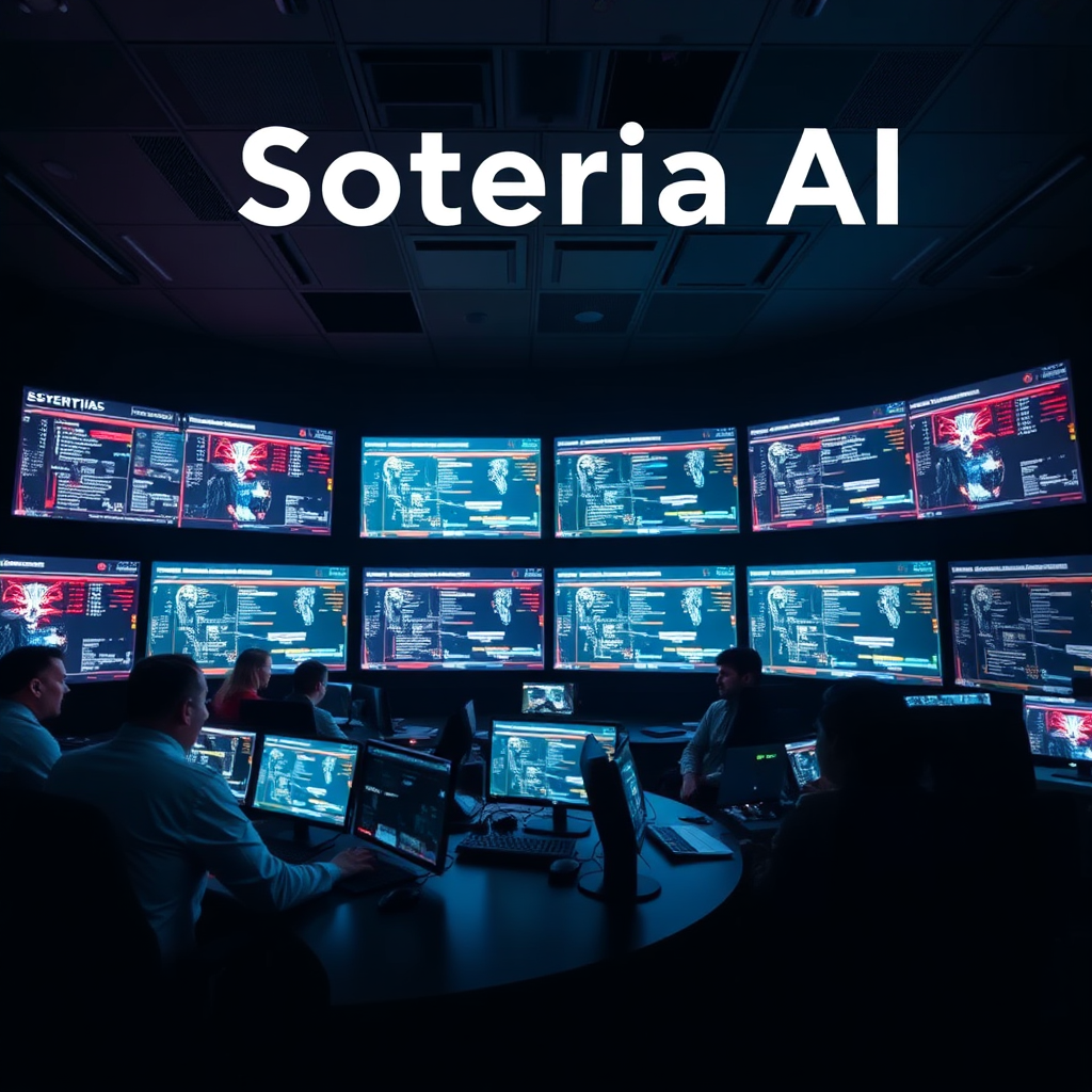 An impactful image of a control room bustling with activity as security analysts monitor real-time threat assessments on large screens. The soft glow of the screens contrasts with the dark room, emphasizing urgency. This conveys Soteria AI’s commitment to constant vigilance for clients.