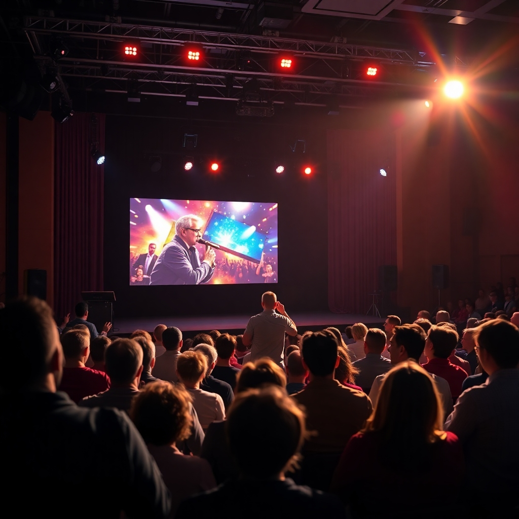 An impactful scene depicting a person on a stage presenting a video that captures an audience's attention. The lighting is dramatic with spotlights focused on the presenter and screen filled with vivid visuals. The color scheme includes rich warm tones contrasted with cooler background shades. A medium shot captures the enthusiasm and engagement of the audience. This high-quality image highlights the presence of storytelling through videos, emphasizing quick delivery and impact.