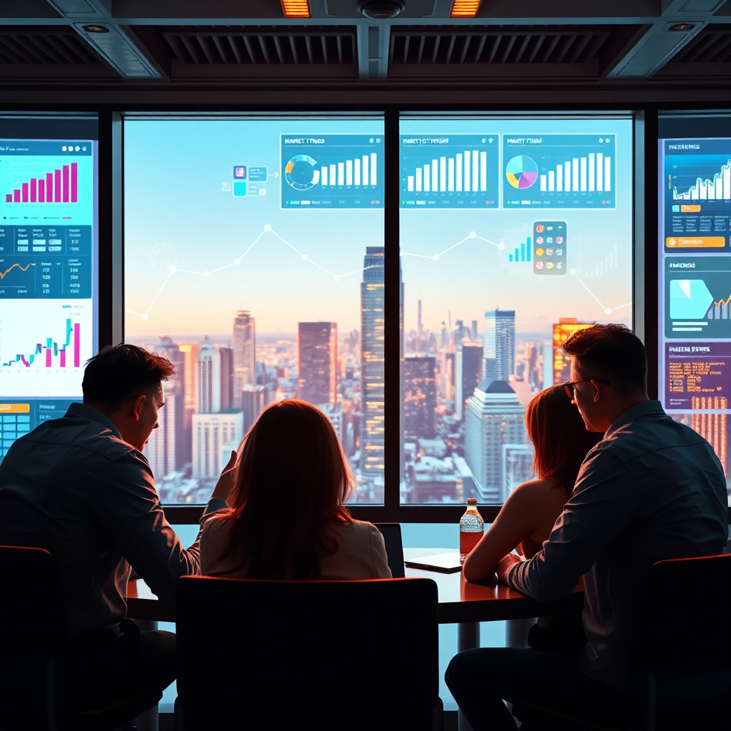 An impactful visualization of a team engaged in a strategy session, surrounded by digital displays of market trend analysis. The contrasting warm and cool lighting highlights their focused expressions. The environment features a minimalist modern conference room filled with interactive screens and a view of a bustling cityscape, symbolizing connection and insight. Technical specs: high resolution.