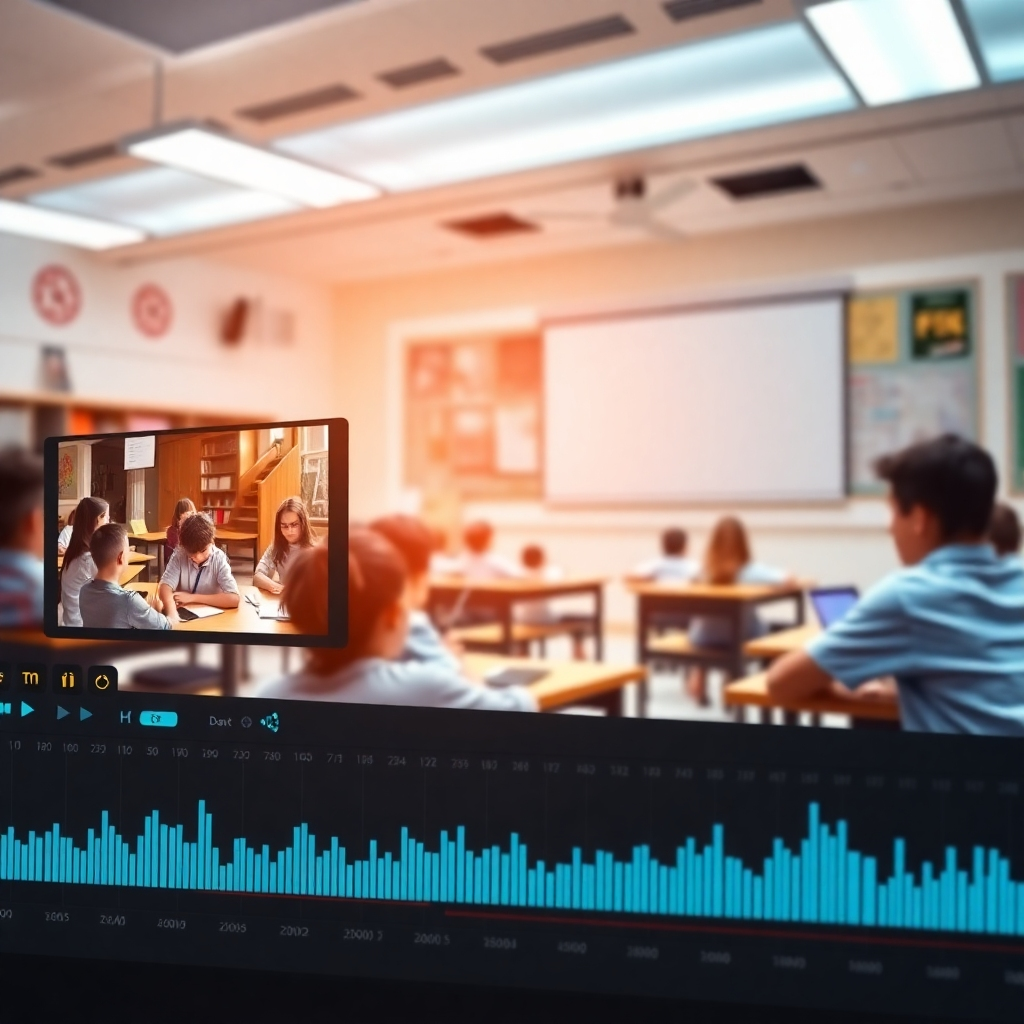 An impressive digital video timeline showing various editing elements like graphics, text overlays, and audio tracks. The background features a vibrant classroom setting with students engaged in learning, symbolizing the effective delivery of knowledge.