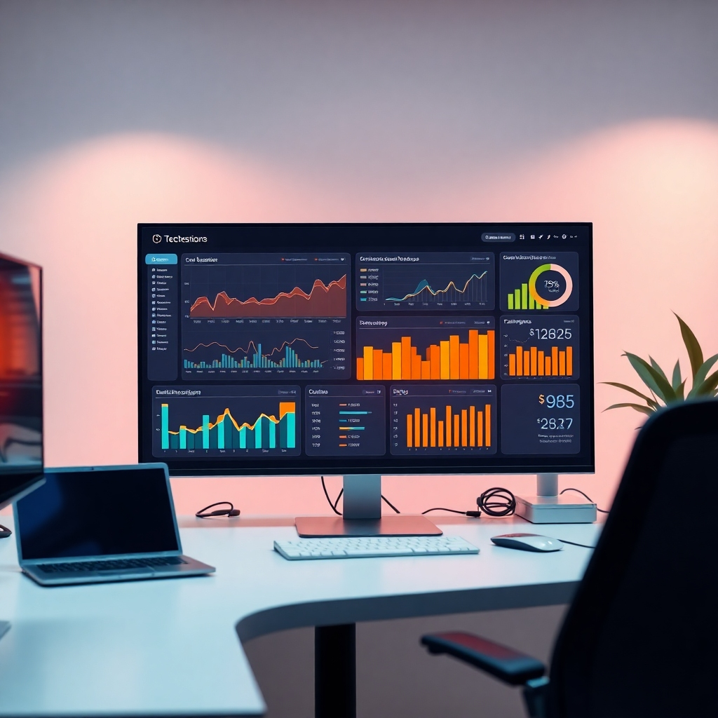 An impressive image showcasing a digital dashboard filled with analytics and real-time data on workflow efficiency. The setting should be a sleek, modern workspace emphasizing technology. Use neutral colors blended with bright tech-inspired accents. Soft backlighting should enhance the tech-savvy environment. Technical specifications: clear, vibrant resolution.