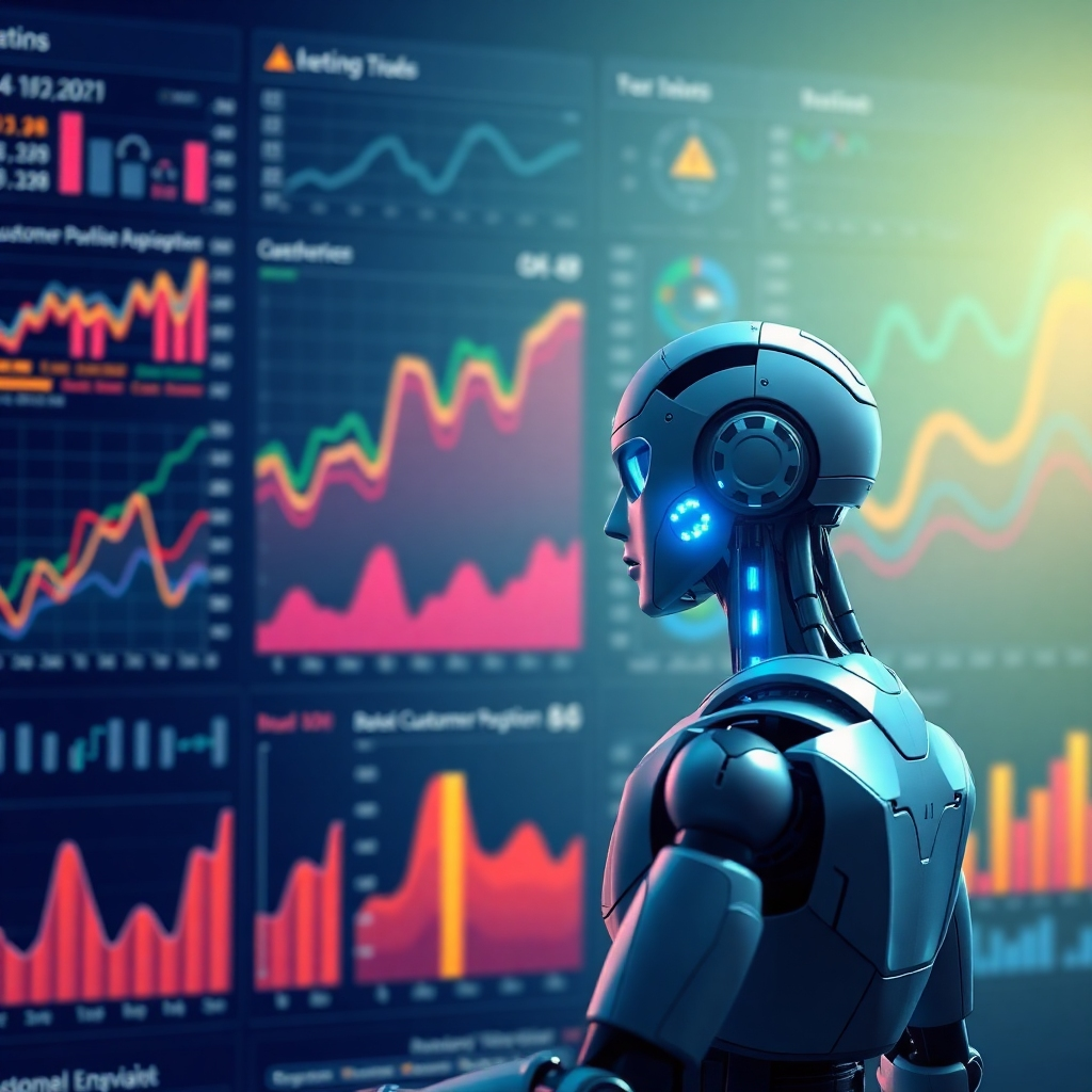 An infographic-style image depicting a data analytics dashboard filled with graphs and charts showing customer behavior trends, with an AI bot analyzing the data in the foreground, demonstrating a blend of technology and insightful analytics.