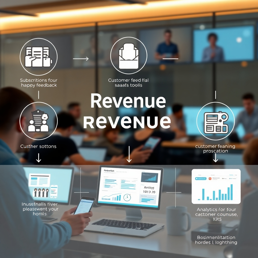 An infographic-style image illustrating the revenue generation process. Include symbols for subscriptions, customer feedback, and analytics. In the background, show happy customers engaging with a variety of online SaaS tools on multiple devices.