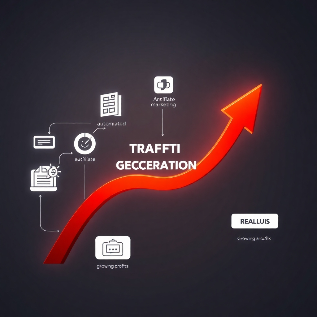 An infographic-style image showing a flowchart of traffic generation leading to increased sales. It should include icons for automated processes, affiliate marketing, and growing profits, intertwined with vibrant arrows indicating upward growth. Clean, professional design.