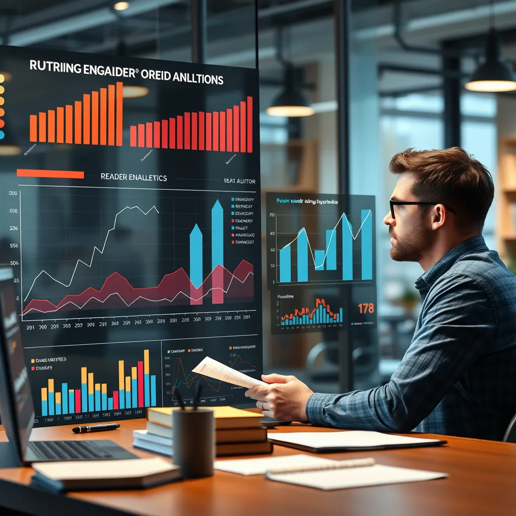 An infographic-style visual showcasing charts and graphs representing reader engagement analytics next to an author brainstorming ideas. The scene should be dynamic, merging creative writing with data analytics in a modern office setting.