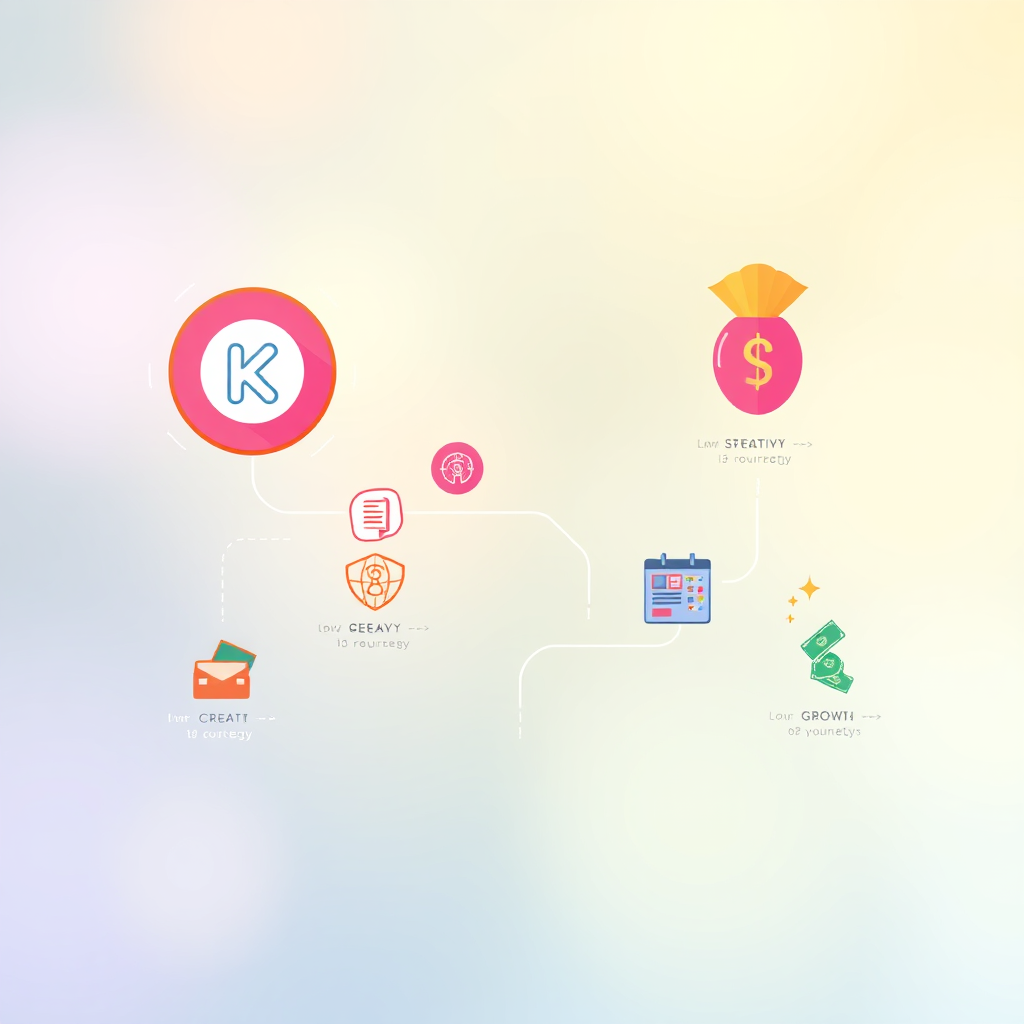 An infographic-styled image depicting a journey path leading from a keyword icon to a cash icon. Along the path, various symbols representing creativity, strategy, and growth should be illustrated. The design should be colorful and engaging, inviting viewers to follow the process. The background can be soft and abstract, enhancing the infographic style. The overall aesthetic should be lively and encouraging, created in high-quality detail.
