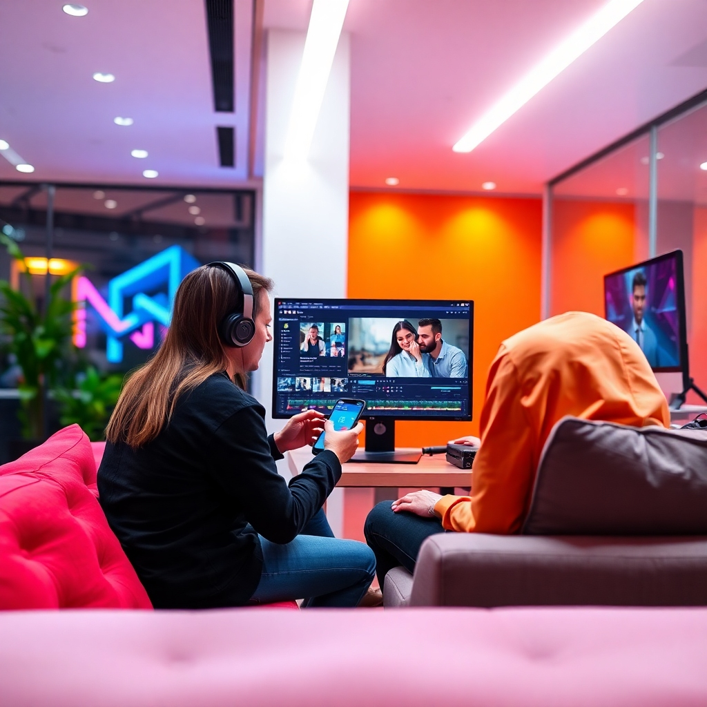 An informative image depicting the user interface of Vidko APP being utilized by creators who are engrossed in video editing. Bright and engaging lighting highlights the interactive elements of the software. The environment is sleek with modern furnishings and digital screens, symbolizing innovation. The color palette predominantly features bright colors associated with creativity and energy, with textures emphasizing a polished, high-tech environment.