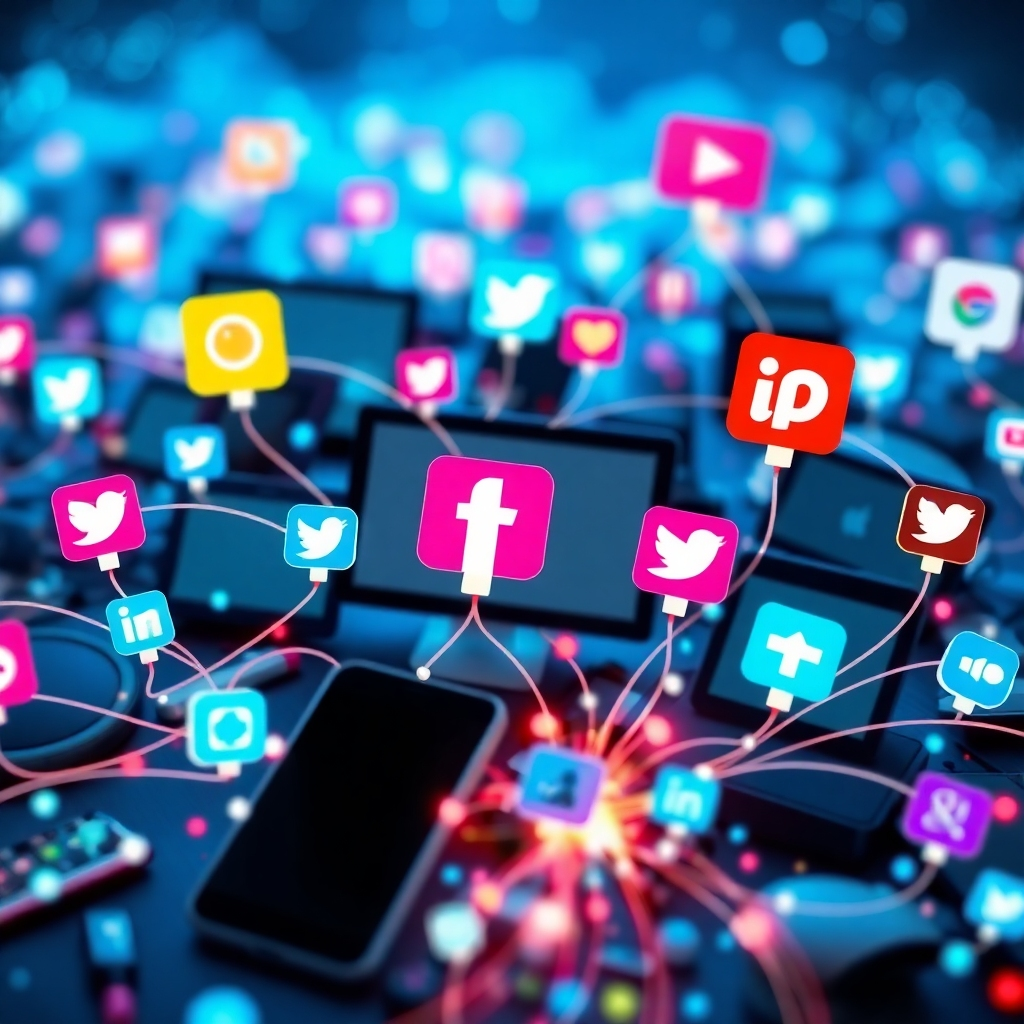 An innovative digital landscape depicting various social media icons interconnected by vibrant, flowing lines symbolizing sharing. The background showcases a mix of devices such as smartphones, tablets, and computers surrounded by bursts of color. Bright whites and digital blues bring energy to the image. The camera angle is tilted to create a sense of movement and dynamism, capturing the essence of online sharing. Photorealistic details should enhance the technology theme, producing an inviting and impactful visual.