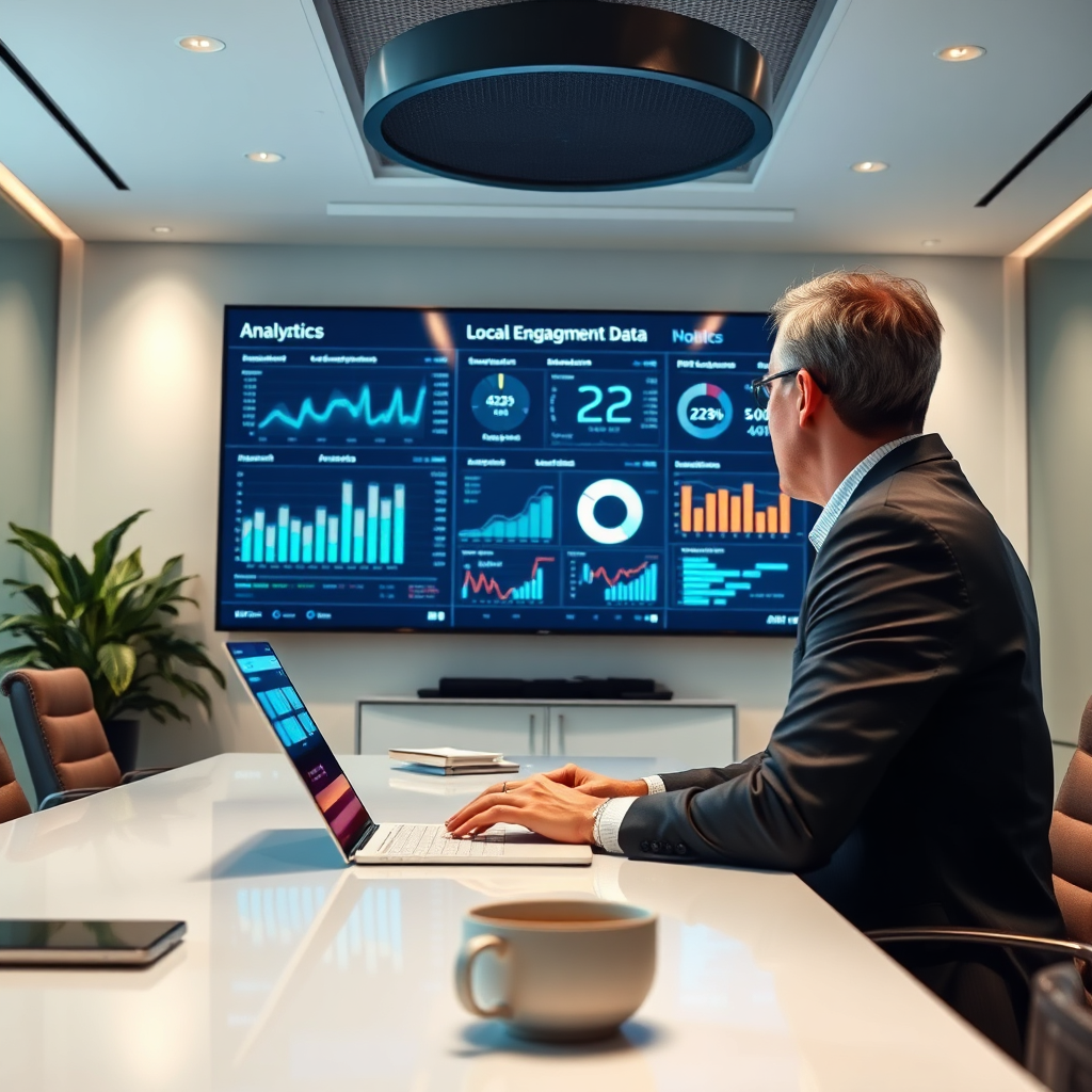 An insightful image of a professional analyzing analytics on a large screen in a chic conference room. The walls display digital metrics showcasing local engagement data. Soft, focused lighting highlights the serious nature of analytics, with a palette reflecting the company’s branding. The camera angle should focus on the analyst's engagement with data, creating an atmosphere of precision. This image should be photorealistic and feature realistic analytics presentations.