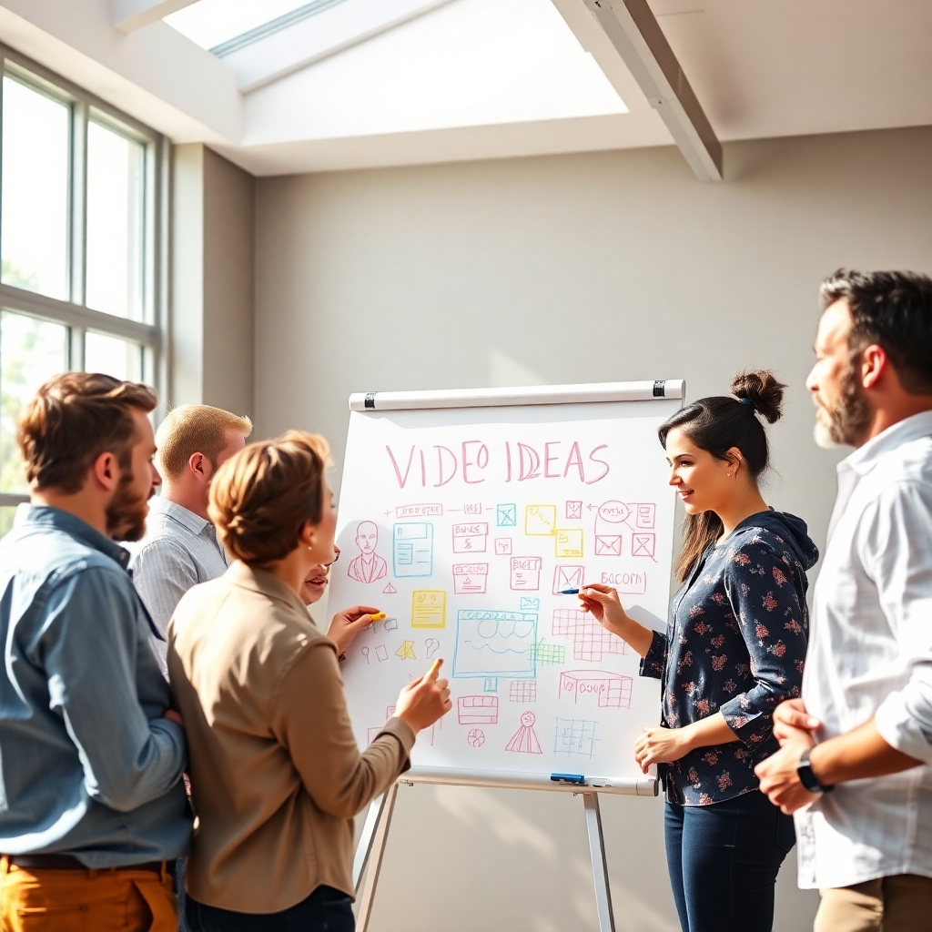 An inspirational image capturing the brainstorming process of conceptualizing video ideas. A diverse team is gathered around a whiteboard filled with colorful sketches and notes, energized and engaged. The background features large windows with sunlight streaming in, creating a bright and open atmosphere. Each person appears focused and impassioned, reflecting collaboration and innovation, depicted in a high-quality, photorealistic format.