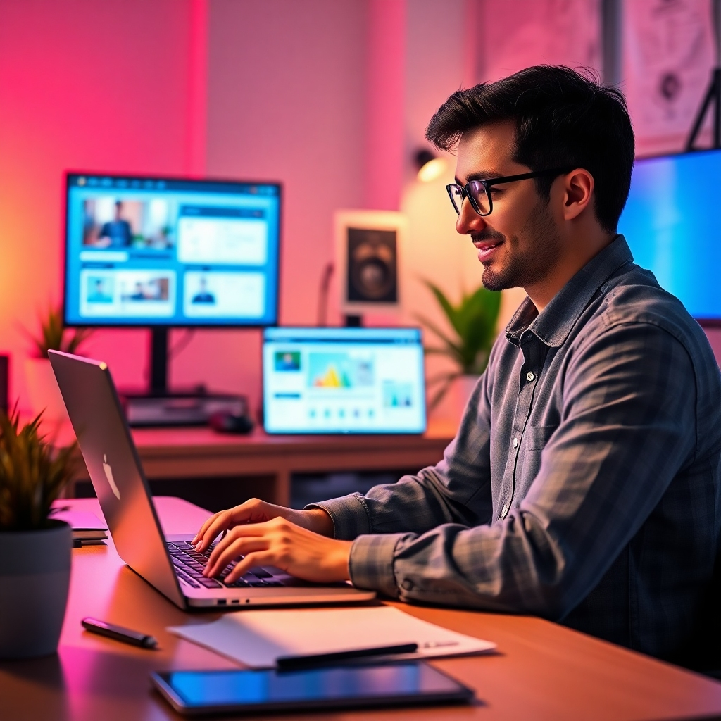 An inspirational workspace where an entrepreneur is discovering QuickVSL's unique features on their laptop, surrounded by innovative tools and resources. The lighting is soft yet vibrant, infusing a sense of creativity and potential into the scene. Soft gradients and pops of color from digital screens reflect the innovative nature of the software. Textures should include sleek surfaces and supportive environments, aiming for clarity and engagement, produced in high-quality, detailed imagery.