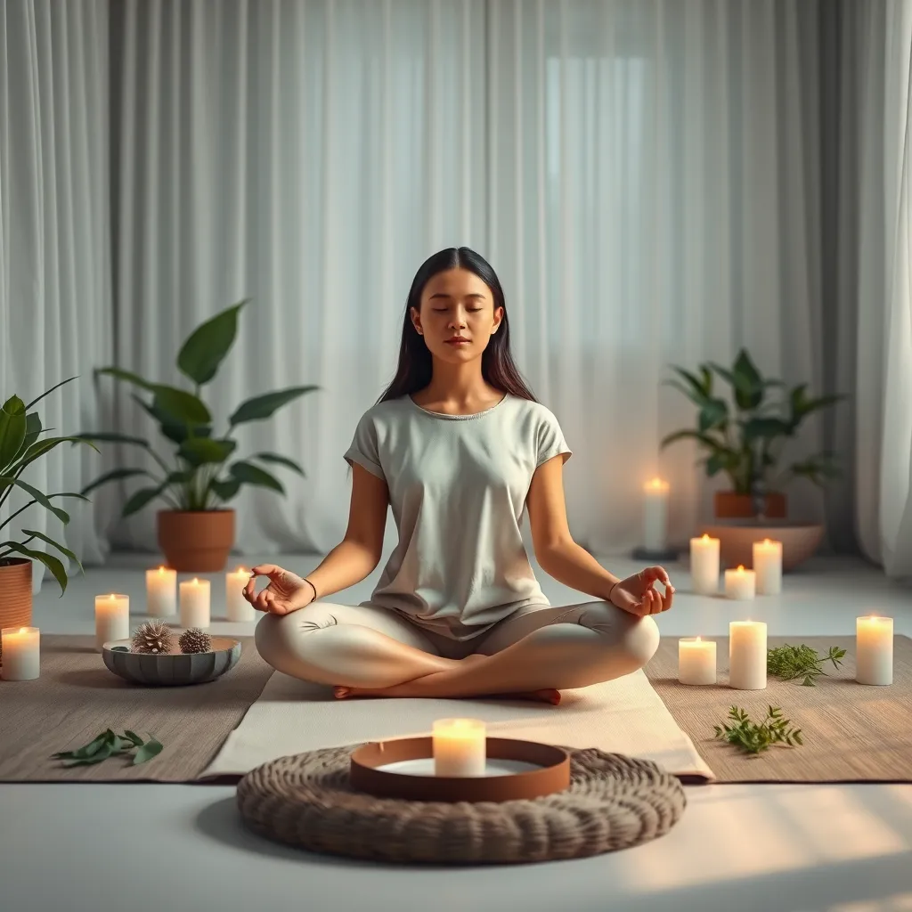 An inspiring image focusing on a tranquil meditation space featuring a calming, minimalist setup. A serene individual sits cross-legged on a soft yoga mat surrounded by plants and candles, exuding peaceful energy. Soft diffused lighting creates a serene ambiance, highlighting the tranquil expressions of the individual. The color palette is soothing, dominated by soft blues, greens, and whites. The camera angle captures the scene from eye level, emphasizing the meditation practice. The textures include the lush greenery of the plants, the soft fabrics of the mat, and the warm glow of candlelight. Background elements like gentle breeze curtains and a small water fountain amplify the tranquil atmosphere. Rendered in hyperrealistic detail, 8K resolution, to convey a sense of calm and balance.
