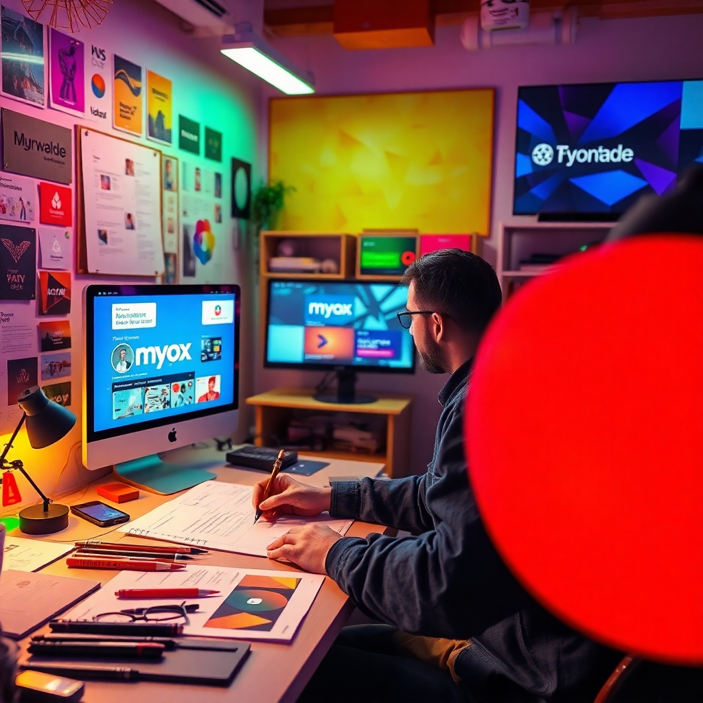 An inspiring image of a branding expert working on custom video designs. The environment is colorful and modern, with mood boards, samples, and vibrant visuals displayed around. Dynamic lighting enhances the range of colors used in the videos, creating an inspiring atmosphere. The camera angle focuses on the interaction between tools, sketches, and screens filled with brand prototypes. Texture details emphasize the creative process, symbolizing the meticulous attention given to unique branding.