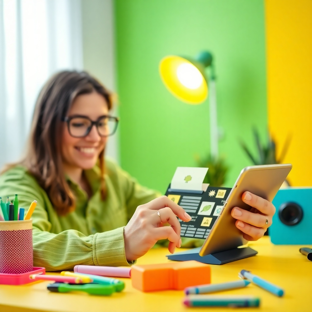 An inspiring image of a content creator generating video ideas on a digital tablet, surrounded by colorful, engaging props. The lighting is bright and cheerful, promoting creativity. The color palette is vibrant, with a focus on bright greens and yellows, enhancing the atmosphere of creation.