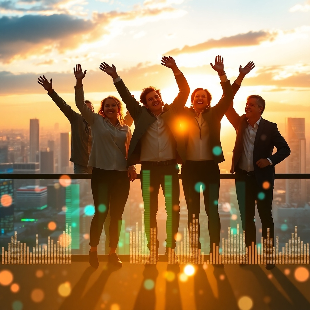 An inspiring image of a team celebrating success with digital data visuals in the background. The composition should reflect achievement with a skyline view indicating growth. Include warm, uplifting lighting to symbolize triumph. Technical details should focus on clarity and realism. Technical specifications: high resolution.