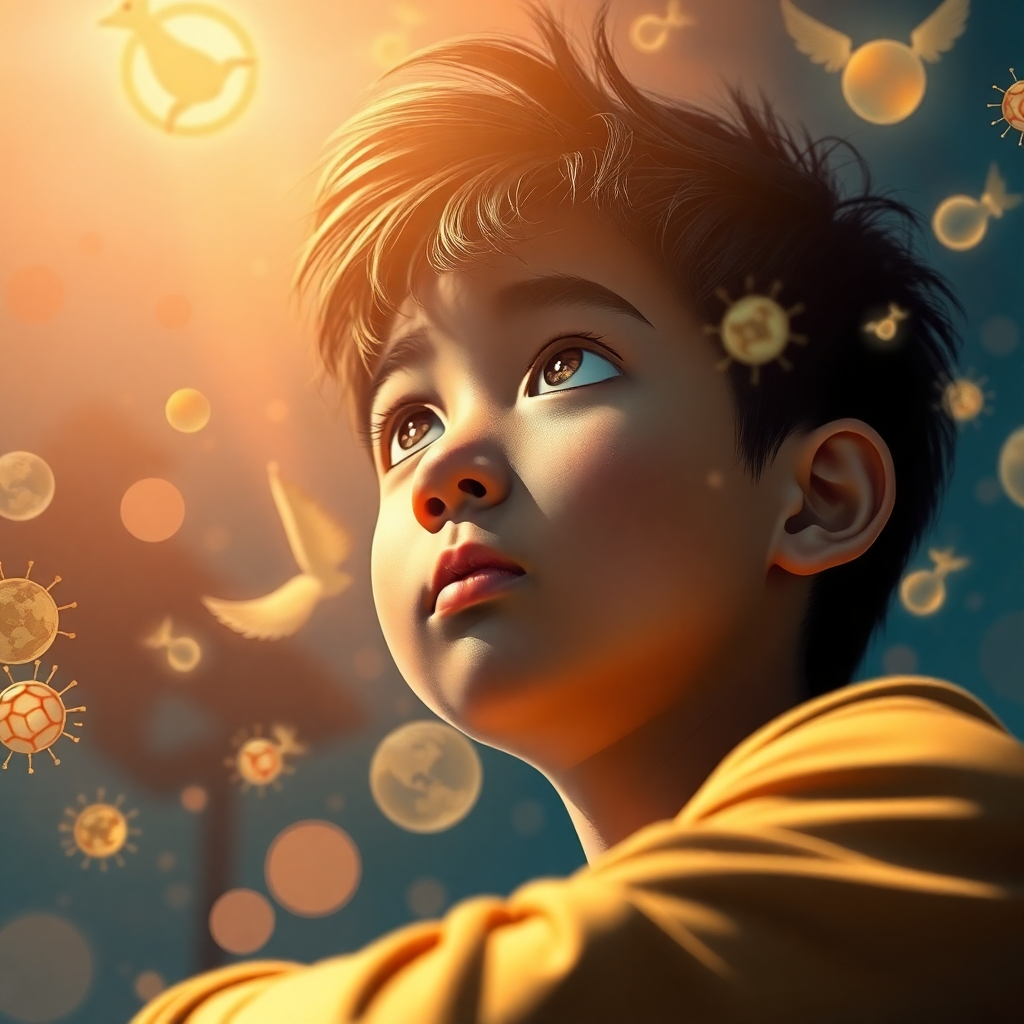 An inspiring image of a young creator deep in thought, surrounded by floating ideas and Ghibli motifs. The lighting is cinematic, with a focus on the individual's expression of wonder. The color palette is vibrant and warm, symbolizing creativity and passion. The angle invites viewers into the creator’s world, highlighting the imaginative process with textures that represent innovation and art.