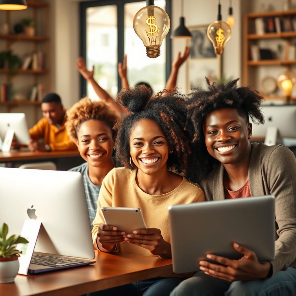 An inspiring image of diverse individuals using computers and tablets in various locations—coffee shops, homes, and offices—smiling as they celebrate profits from their creative endeavors. The mood should be uplifting with warm natural lighting. The composition should include elements symbolizing financial success, such as dollar signs or light bulbs representing ideas, creating a positive atmosphere. This visual should be high-quality and relatable, resonating with the audience.