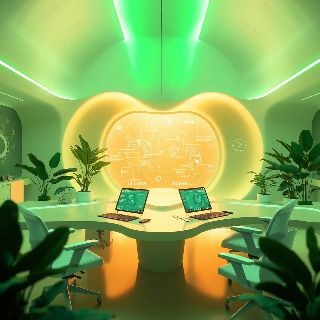 An inspiring image with a central focus on a futuristic workspace equipped with innovative AI tools. The composition showcases smooth lines, organic trends, and an inviting color palette of greens and whites, representing progress and nature. Soft ambient lighting creates an uplifting atmosphere. Include details like digital interfaces and collaboration areas. Technical specifications: high resolution.