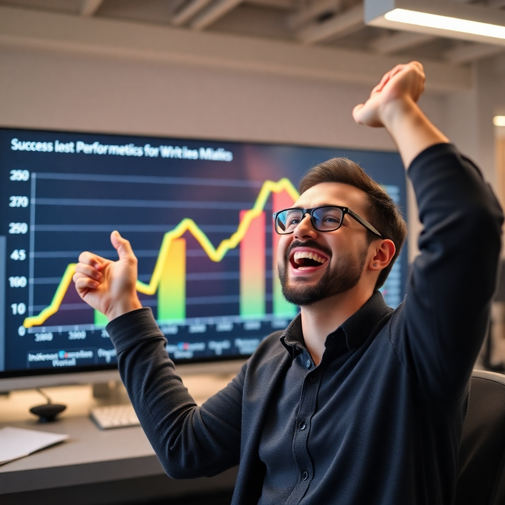 An inspiring scene of a marketer celebrating success in front of a graph showing increasing performance metrics, clearly benefiting from Writix AI. The background is a professional digital workspace with noticeable high-tech features. Bright uplighting emphasizes the moment, with color elements invoked from the success metrics chart. The angle captures the celebratory mood and expresses achievement through textural contrasts in clothing and the digital display.