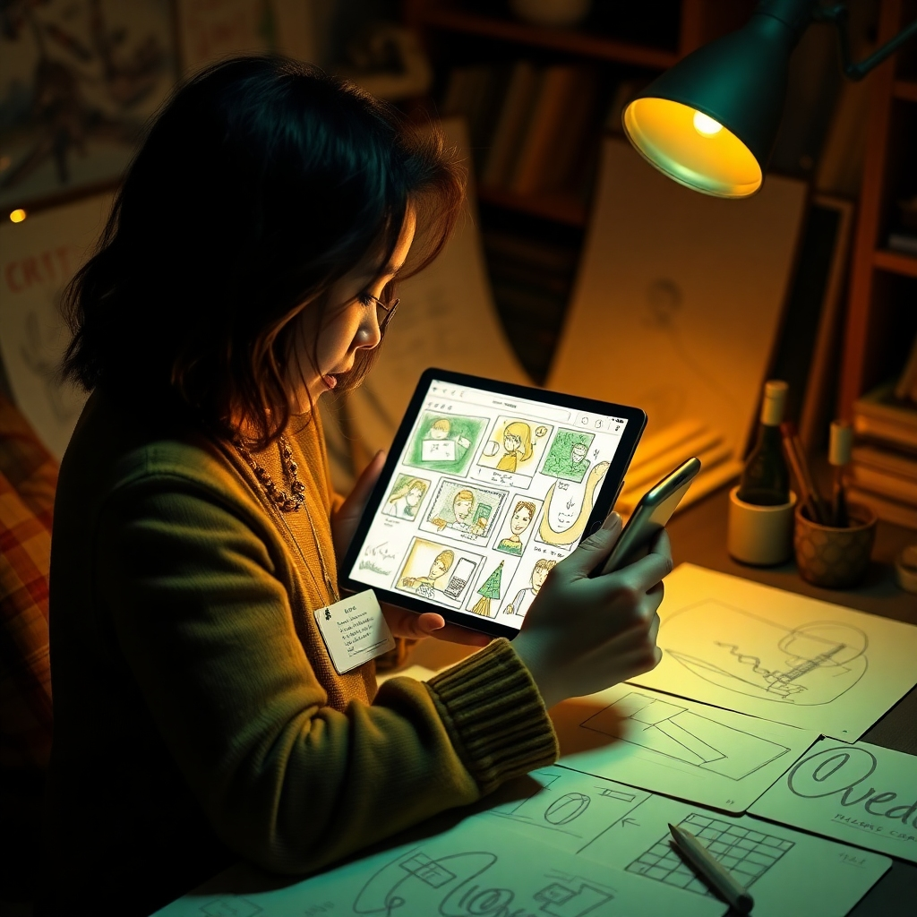An inspiring visual of a person visualizing their ideas through a storyboard while using Vidko APP on a tablet. Ambient and warm lighting creates a cozy atmosphere, while the color palette features encouraging greens and yellows promoting creativity. The environment is artistic, with sketch papers and digital drafts around, highlighting the transformation from idea to execution. The overall texture is rich with details that speak to creativity.