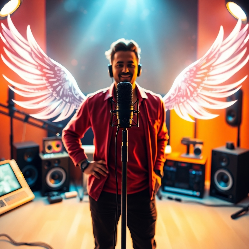 An inspiring visual of a podcaster standing confidently in front of a microphone, with an ethereal aura surrounding them symbolizing empowerment and innovation. The background includes soft-focus elements of high-tech gear and creative visuals emanating from the audio source. Warm colors create an inviting atmosphere, emphasizing the synergy of audio and technology.