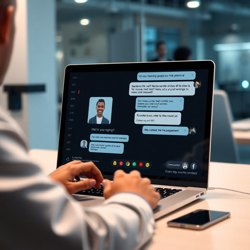 An interactive scene of a user chatting with a sophisticated AI chatbot on a laptop screen. The background shows an office ambiance with high-tech gadgets, while digital chat bubbles pop up with engaging customer interactions, featuring a friendly AI persona.