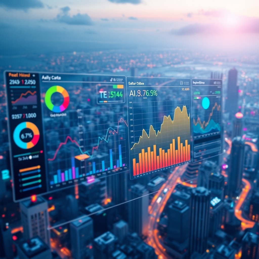An intricate digital representation of a data analytics dashboard, filled with colorful graphs and charts, overlaying a futuristic city skyline. The dashboard should feature metrics related to customer engagement, illustrating the connection between AI, data, and business growth.