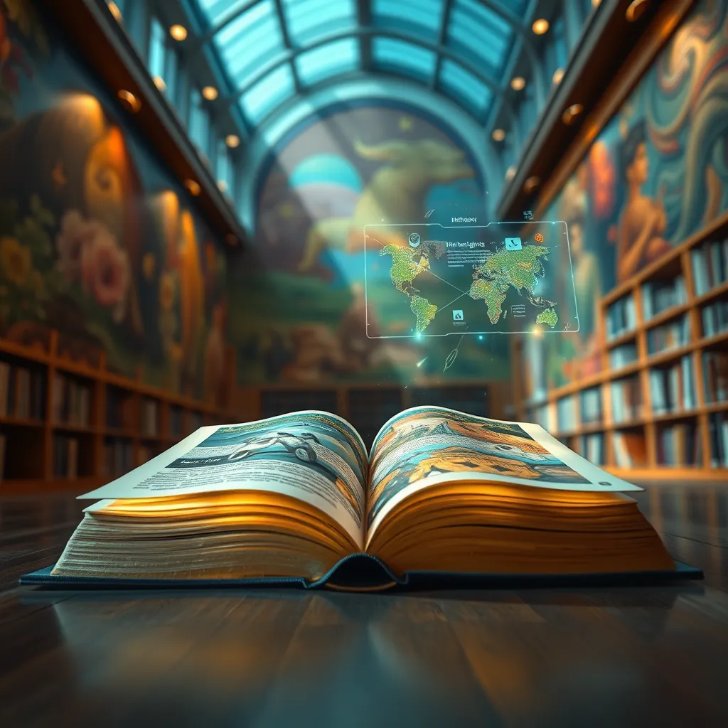 An intricate scene with an animated interactive book displaying stunning immersive graphics. The setting is a modern library with large, colorful murals on the walls. Dramatic side lighting adds depth to the space, illuminating the rich textures of the book's pages, which appear alive with movement. The color palette features vibrant blues, greens, and golds, creating an energetic yet welcoming atmosphere. The perspective is eye-level, as if the viewer is standing in front of the book. Props include a floating digital interface displaying highlights and vibrant illustrations. Photorealistic, ultra-high quality, 8K resolution, capturing realistic details in every element.