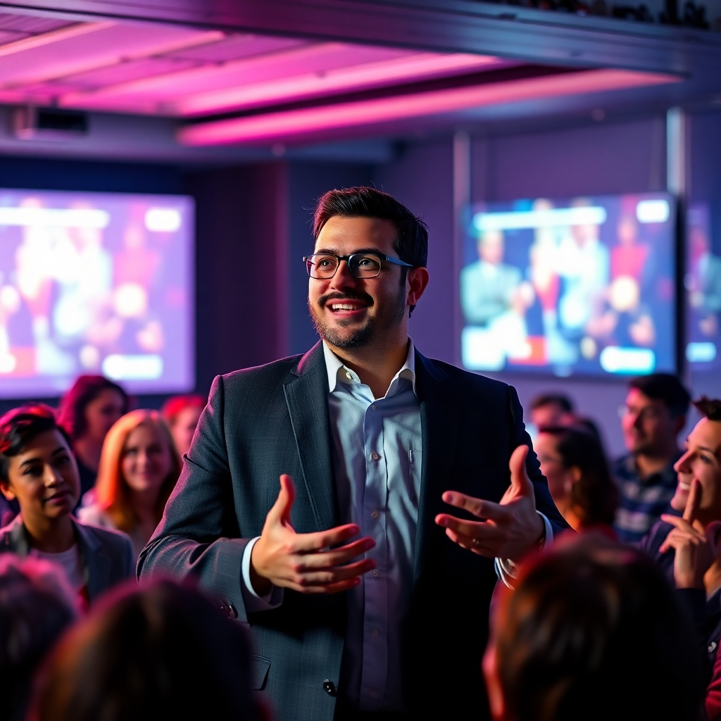 An intriguing image showcasing a successful leader presenting innovative video concepts using Vidko, with an engaged audience around. The lighting is focused on the presenter, highlighting enthusiasm and innovation. The composition has a balanced blend of dynamic angles showcasing engagement and creativity, with color tones that pop against a more muted backdrop conveying professionalism. Textures enrich this inspiring moment in a corporate setting.
