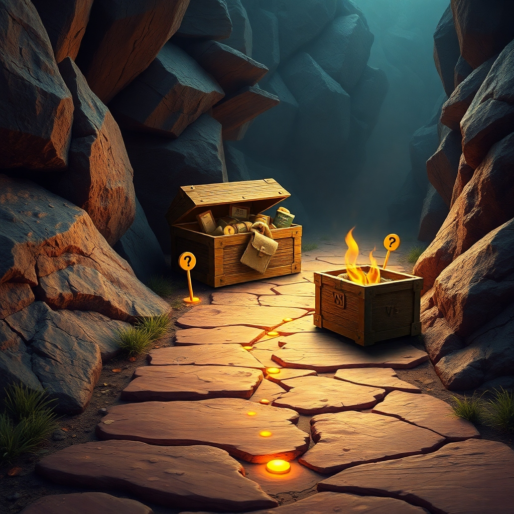 An intriguing visual of a secret roadmap leading to a treasure box filled with successfully crafted VSLs. The scene should be adventurous, mixing elements metaphorically representing 'secrets' through visuals like paths and markers. The colors must be rich and inviting, creating a sense of mystery and excitement. Textures should offer depth, from the road’s surface to the treasure box’s shine. The image should be presented in high quality to truly captivate viewers.