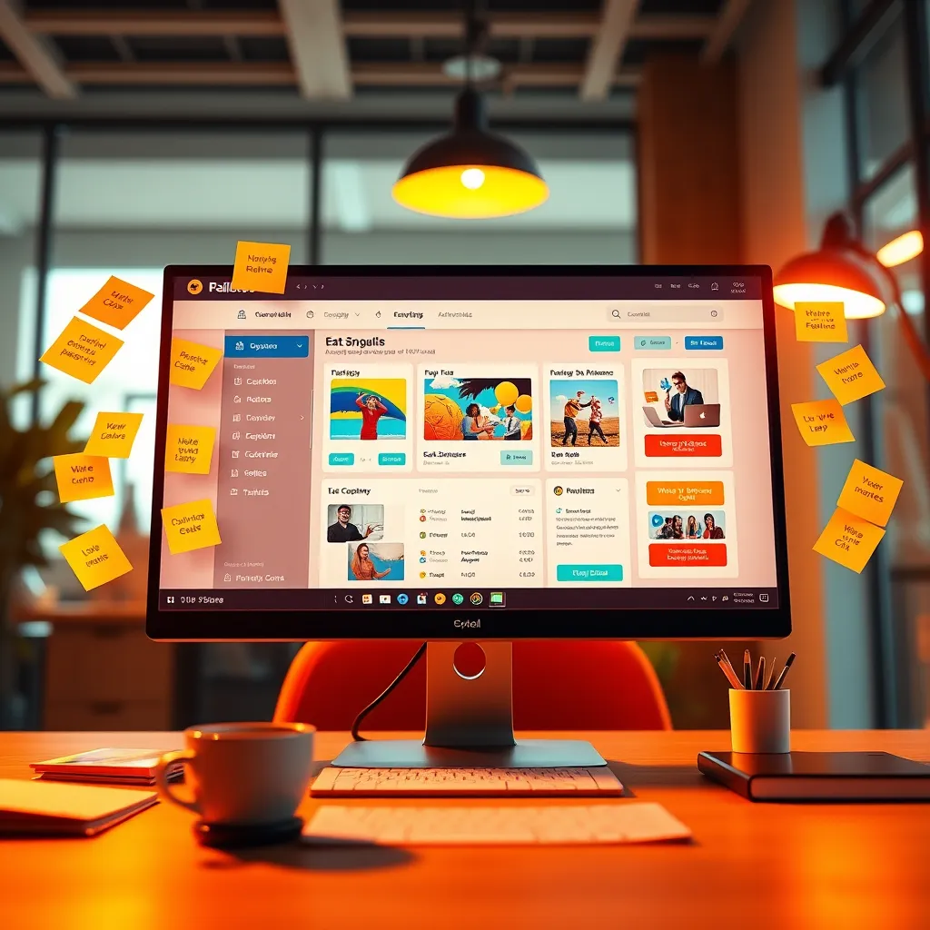 An inviting and colorful depiction of a digital dashboard displaying an automated email campaign setup on a computer screen. The composition includes email templates with vibrant images, GIFs, and animated CTA buttons coming to life around the screen. The lighting is warm and inviting, creating a friendly atmosphere. Bright and cheerful colors like orange, yellow, and teal are used to evoke enthusiasm. The perspective is eye-level, focusing on the intricacies of the dashboard and the engaging email components. Details such as glossy finishes on the screen display and shadows enhance depth, while elements like a coffee mug and sticky notes suggest creativity at work. The background remains softly blurred but hints at a modern office space, captured in ultra-detailed, hyperrealistic 8K resolution.