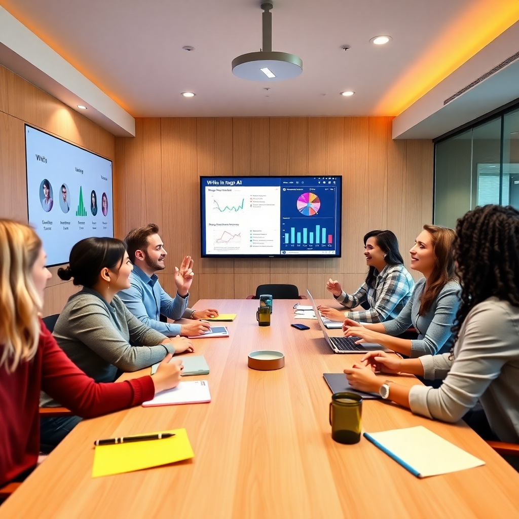 An inviting conference room atmosphere where team members engage in a lively discussion, leveraging Writix AI for collaborative efforts. The room is well-lit, with a modern design featuring a large screen displaying content metrics. A warm color palette invites interaction, while colorful notepads and devices add texture. The camera angle showcases diverse team members excitedly contributing ideas, represented through dynamic visual interactions.