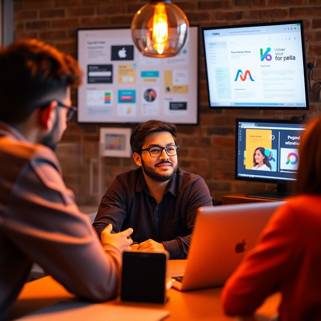 An inviting image of an individual or small group engaged in a brainstorming session using Vidko's monetization tools. The lighting is warm and welcoming, creating an inspiring atmosphere. The composition showcases diverse visual aids and screens where creators visualize their profitable strategies. The color palette features upbeat tones that reflect positivity and potential. Textures communicate warmth and creativity, embodying the spirit of entrepreneurship.