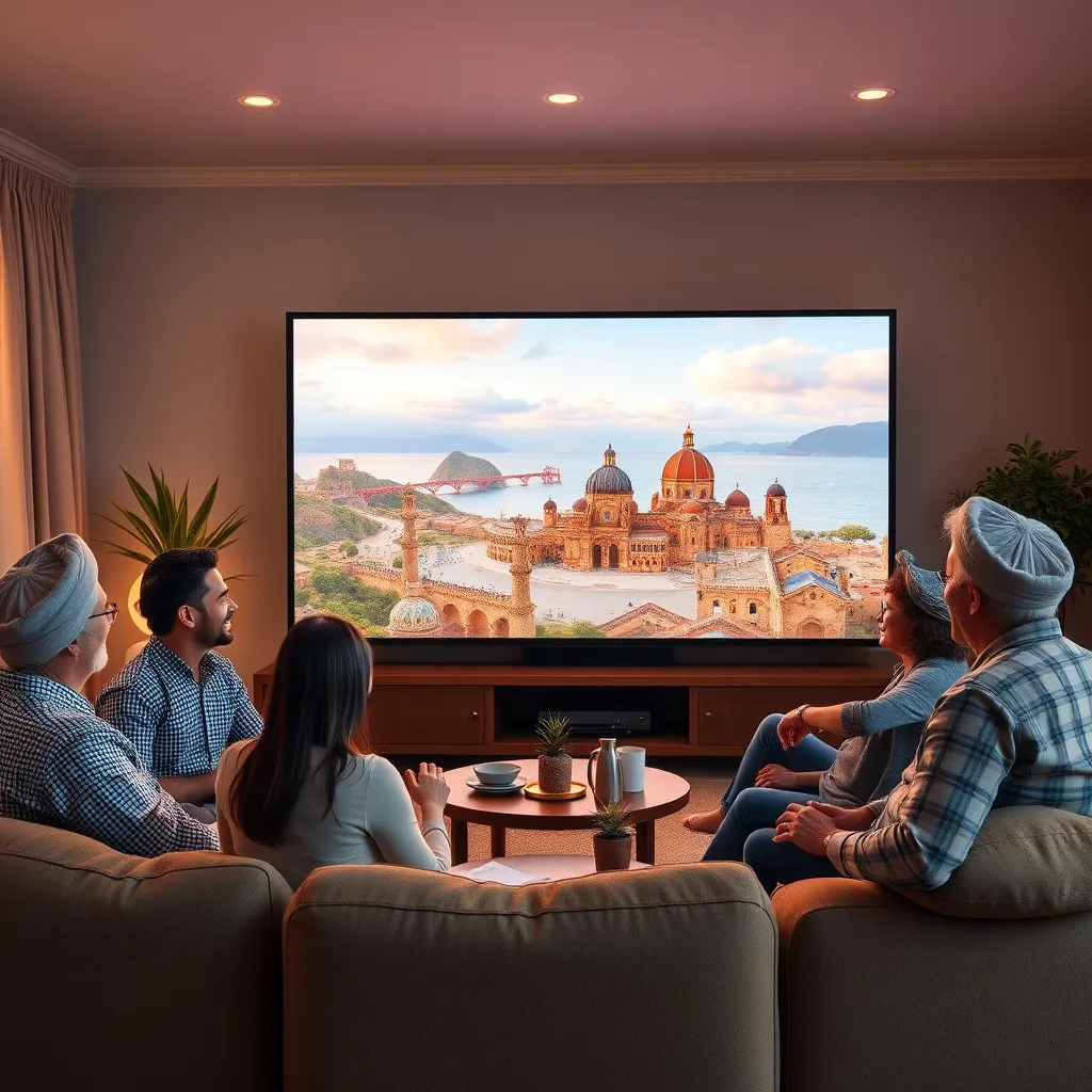 An inviting living room scene where a group of friends is gathered around a big screen, watching an animated story created from their vacation photos. The room is warm and cozy, filled with laughter, as vivid images of their travel adventures play on the screen.