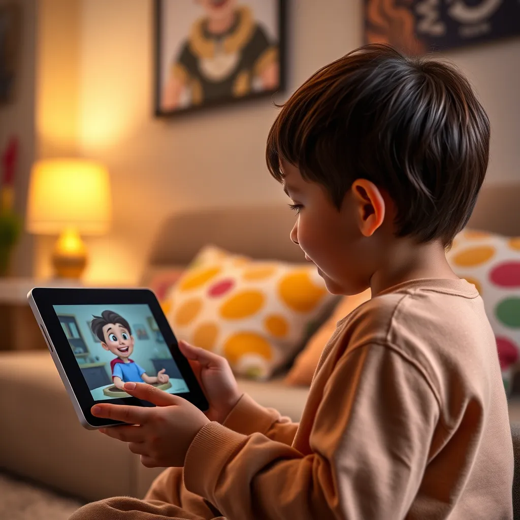 An inviting scene where a child holds a tablet, watching a cartoon character speak from a photo. The background features a cozy living room with colorful pillows and a soft glow from a nearby lamp, illustrating the warmth of shared memories.