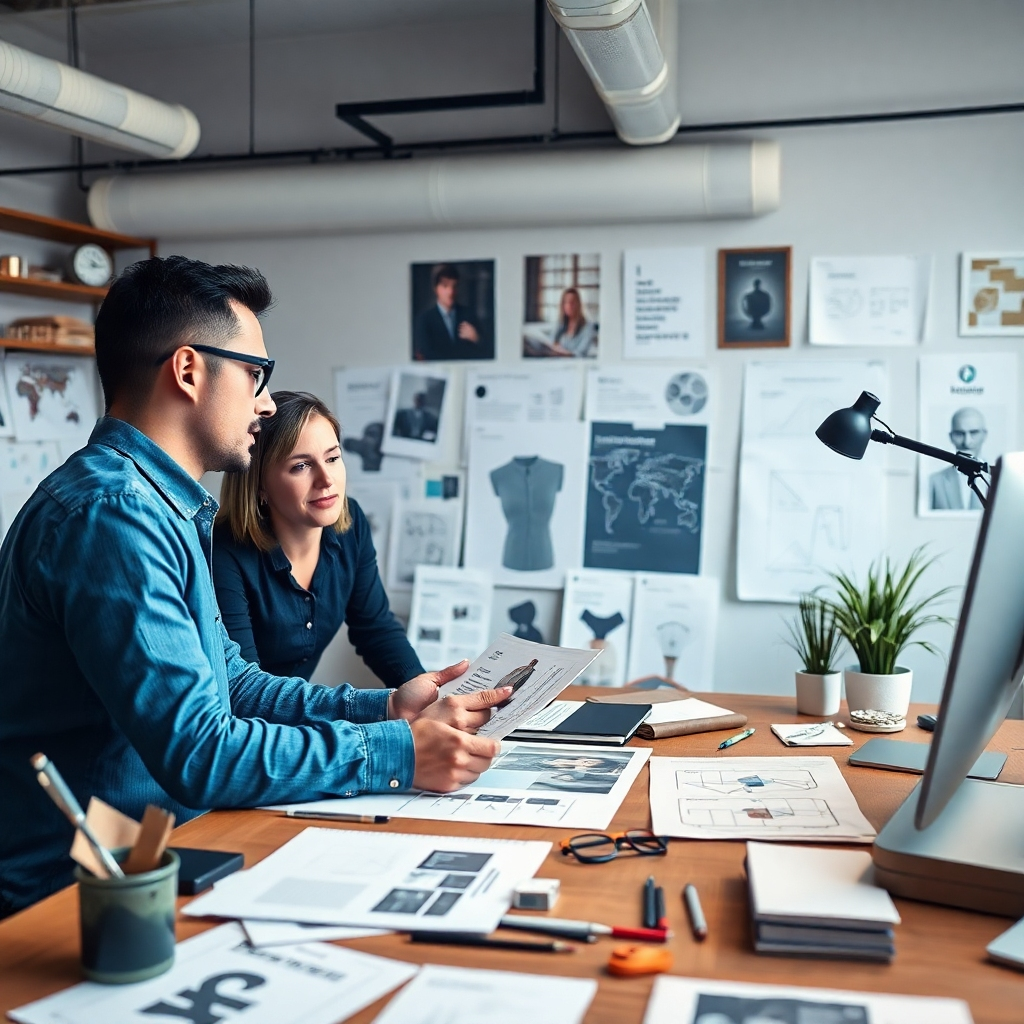 An inviting studio scene featuring a designer consulting with a client over personalized branding graphics. The environment is sprinkled with branding materials and draft designs. The lighting should evoke a comfortable yet professional setting, fostering collaboration. Capture the essence of creativity and customization in high-resolution 4K.