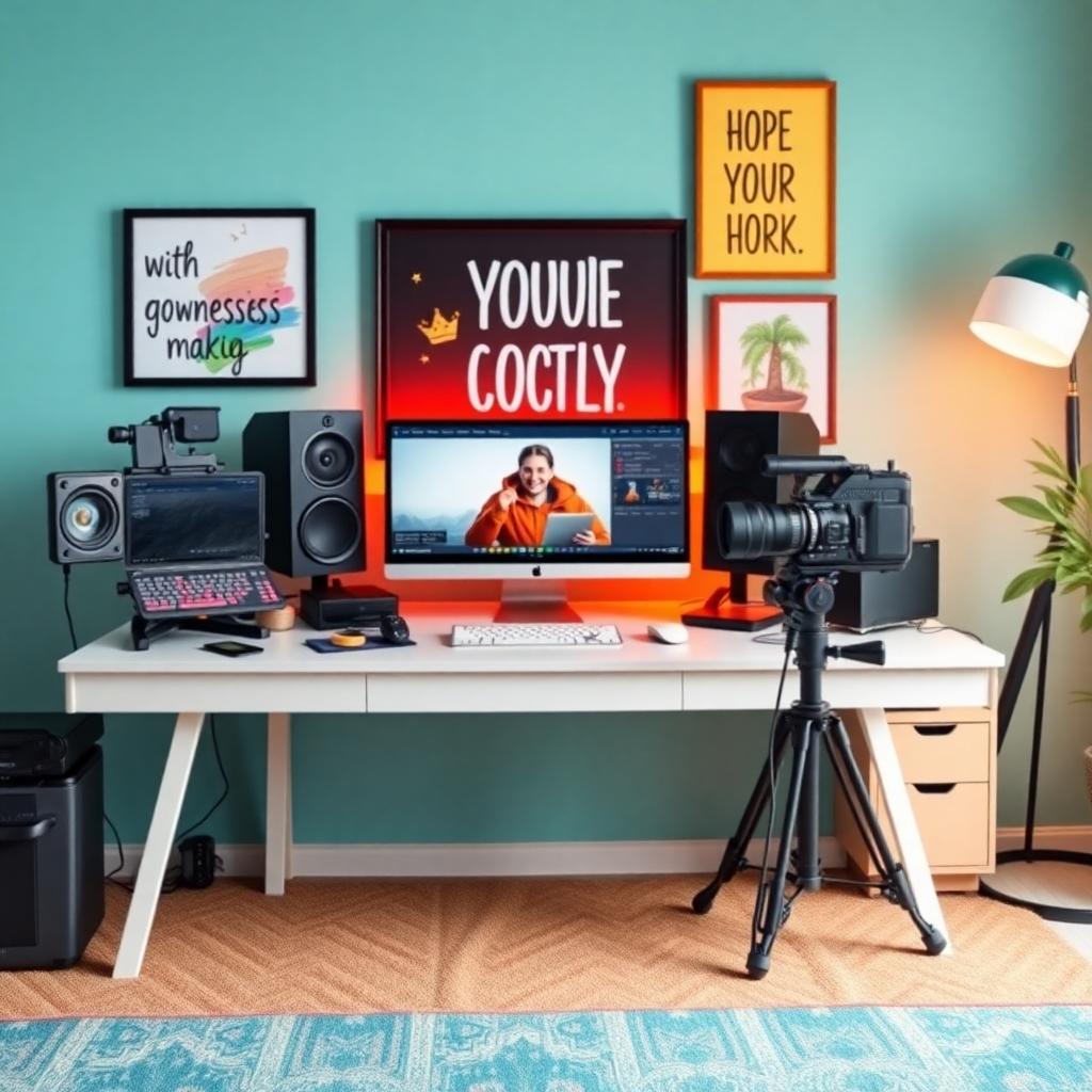 An inviting workspace featuring a modern desk filled with editing tools, video equipment, and inspirational artwork. The colors are bright and encouraging, reflecting creativity and motivation. The composition captures the workspace with soft lighting, showcasing detail in the technology available. A close-up angle allows for a clear focus on the equipment, making the viewer feel inspired to create their success story through video making. The image should be photorealistic, illustrating a productive and creative environment.
