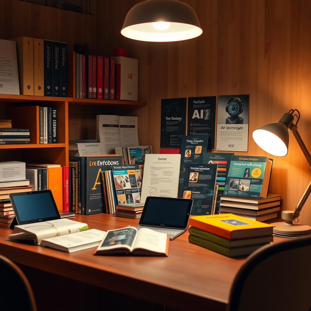An inviting workspace filled with various AI resources and technology guides set on a wooden desk. Overhead illumination casts a soft glow on the materials, facilitating a sense of learning. The warm color palette with rich earthy tones and contrasting bright tech colors should convey one of comfort blended with professionalism. Items like books, tablets, and instructional manuals should be the focus, crafted to ensure clarity in 4K resolution.
