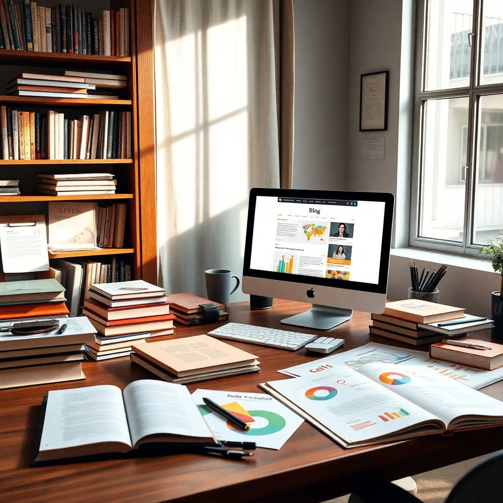 An inviting workspace filled with books, notes, and a computer showing a well-designed blog page. Several colorful charts and infographics are scattered nearby, conveying a sense of research and thoroughness in content creation. Natural light filters through a window.