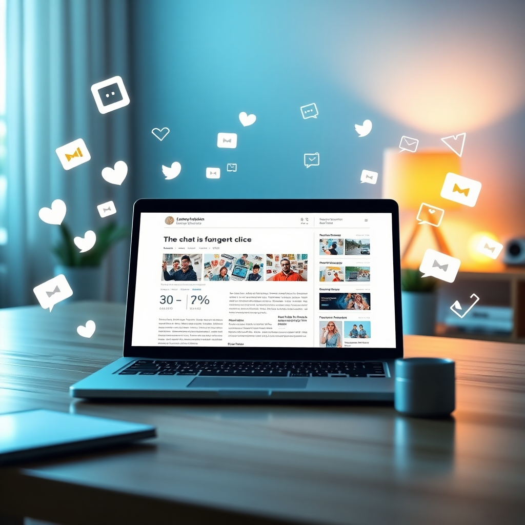 An inviting workspace showcasing an open laptop displaying an article with statistics and visuals. Surround the laptop with social media icons, shares, and comment notifications, symbolizing content virality and audience interaction.