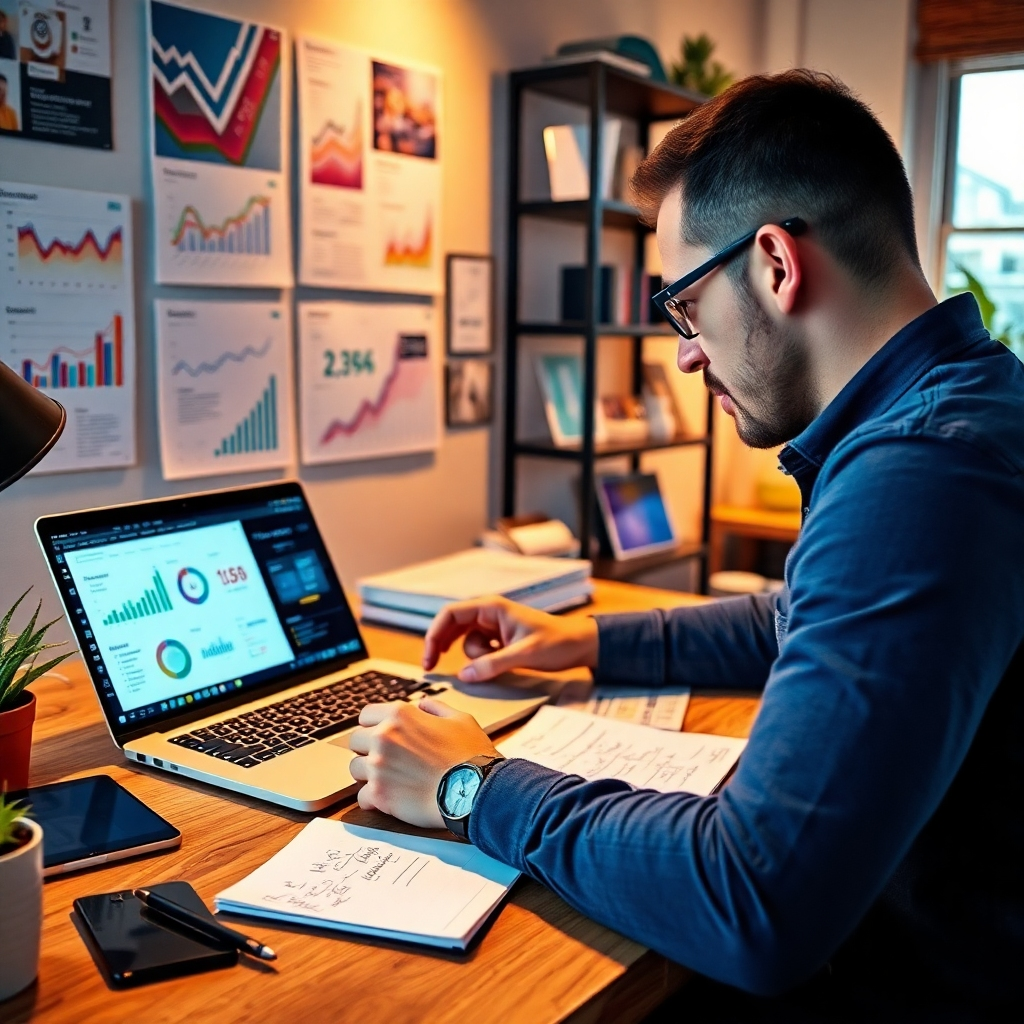 An inviting workspace where a designer is reviewing a portfolio filled with successful design projects that have led to profits. The scene should incorporate elements such as a laptop showing financial dashboards, colorful mockups on the wall, and a notepad with brainstorming notes. Warm lighting creates an inspirational environment, while the color palette emphasizes professionalism with rich blues and earthy tones. This photorealistic image captures the essence of transforming creativity into income with the help of MagicDesigners Suite.
