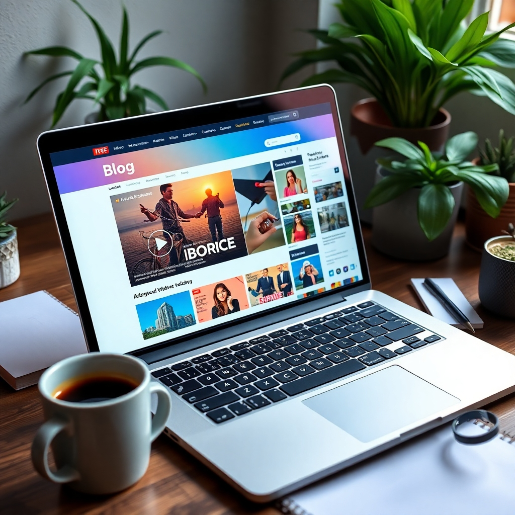An open laptop displaying a vibrant blog interface, with a variety of engaging content types such as videos, infographics, and articles visible. Around the laptop are elements like a cup of coffee, notepads, and plants, conveying a creative and inviting workspace.